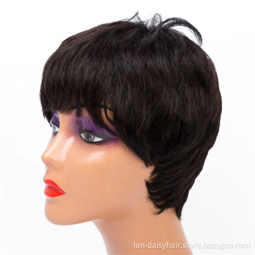 Fast Shipping Short cute Pixie Cut Wigs Straight Natural Color  For Black Women Remy Human Hair Wig